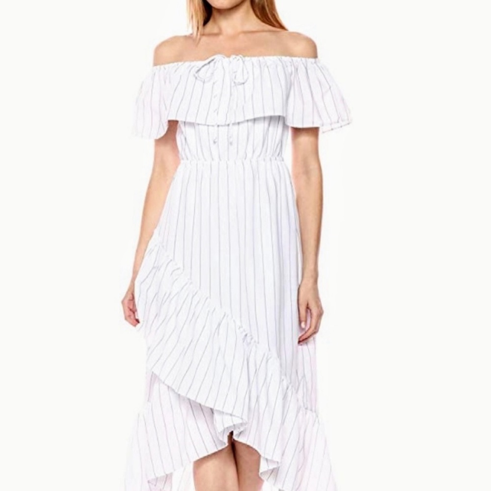 BB Dakota lovely white striped off shoulder maxi w/ neck tie and tiered ruffles